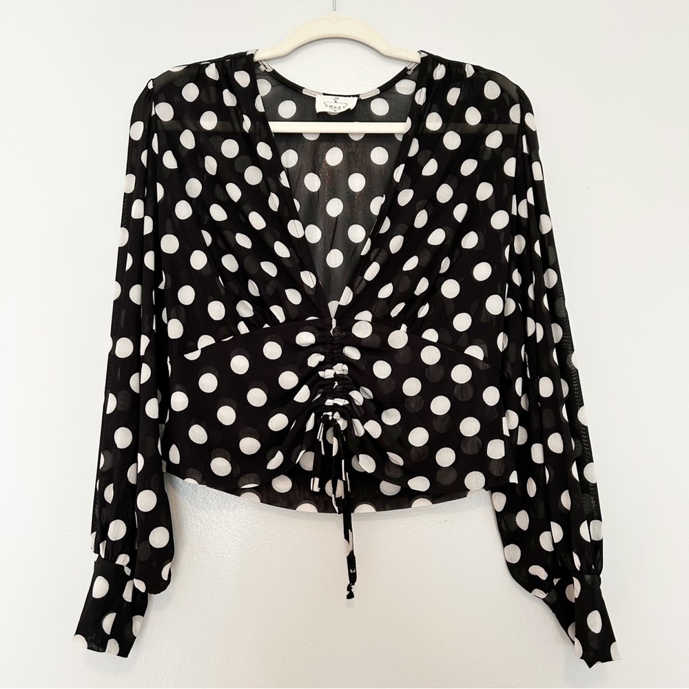 Ember Boutique Polka Dot Semi Sheer Long Sleeve Deep V Scrunch Up Top Size M